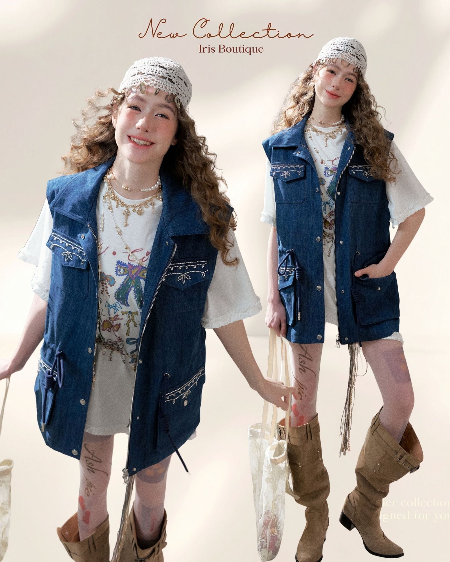 Artisanal Embroidered Denim Utility Vest - Indigo Sky