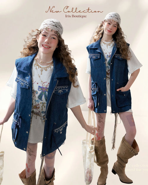 Artisanal Embroidered Denim Utility Vest - Indigo Sky