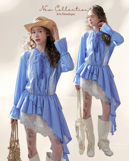 Soft Blue Asymmetric Ruffle Shirt Dress
