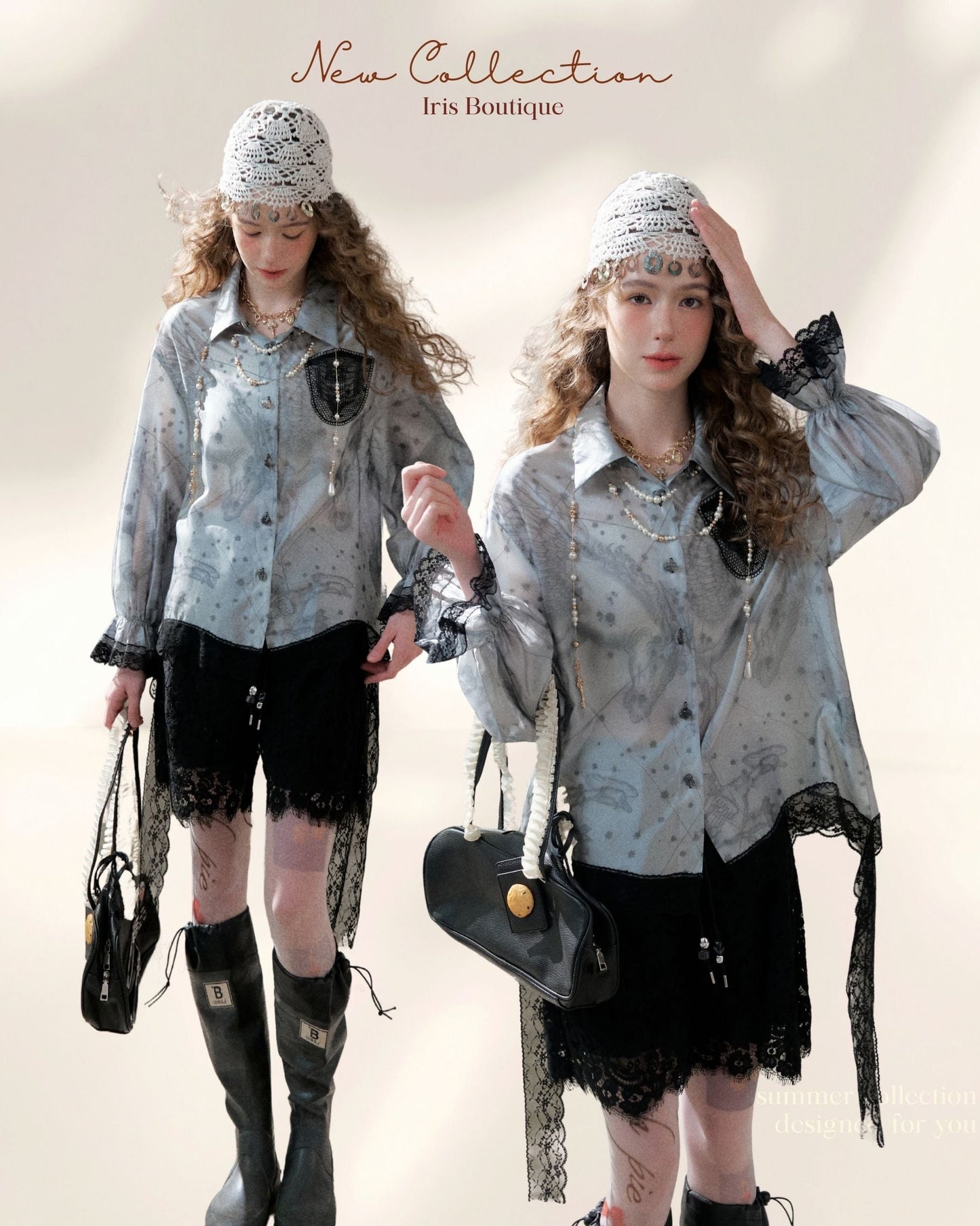 Vintage Bohemian Printed Shirt & Lace Embroidered Shorts Set