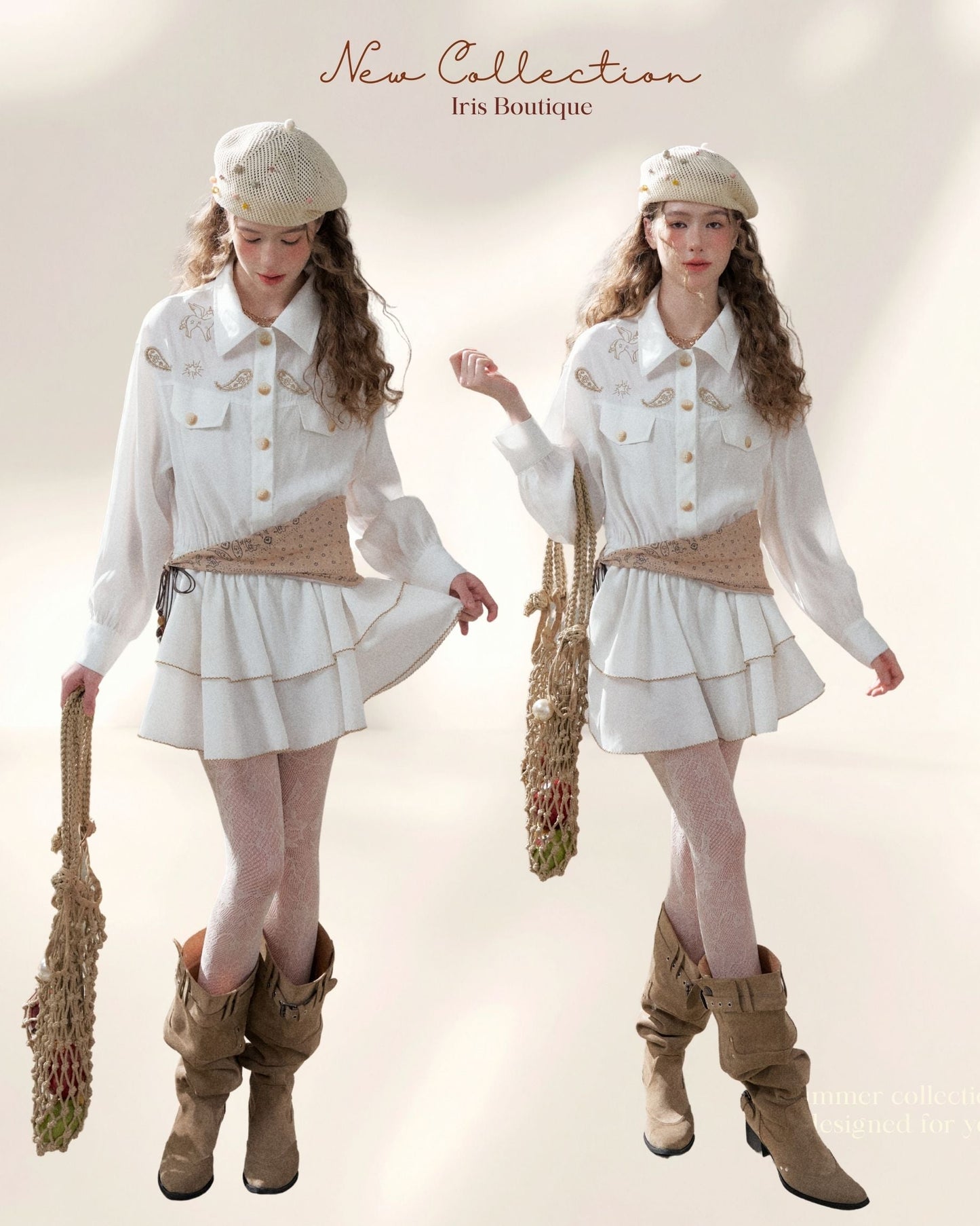 Embroidered Waist Tie Shirt Dress – White