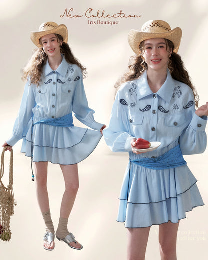 Embroidered Waist Tie Shirt Dress – Sky Blue