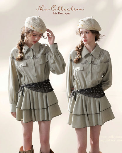 Embroidered Waist Tie Shirt Dress – Grey