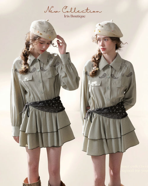 Embroidered Waist Tie Shirt Dress – Grey