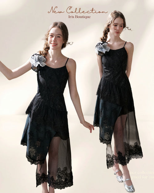 Black Lace Spliced Asymmetric Dress