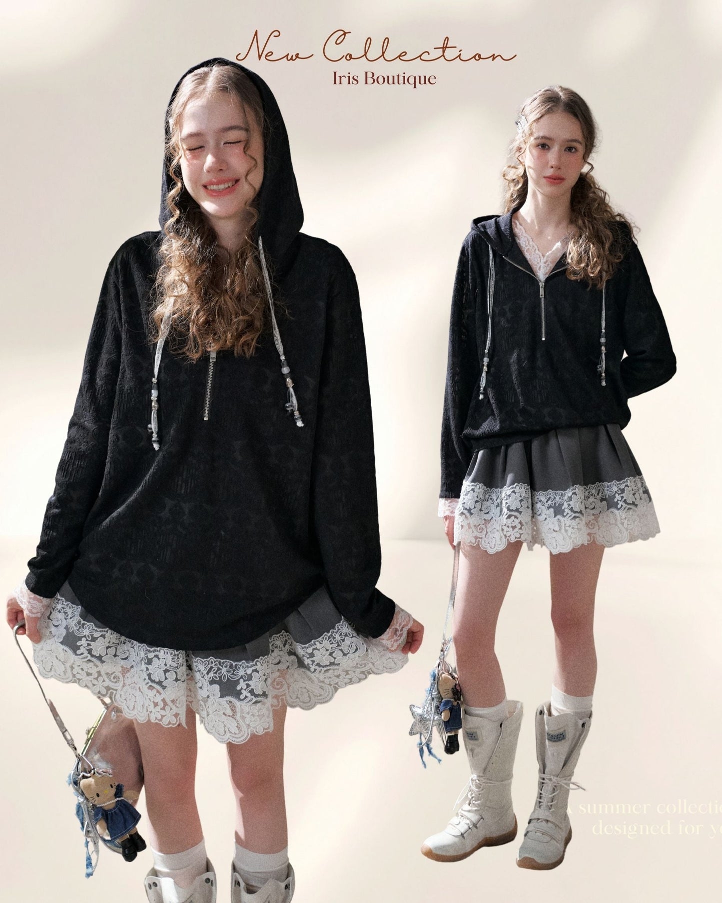 Lace Trim Hood Zip Jacket – Black