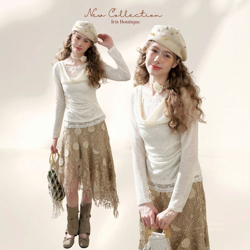 Draped Sheer Top & Lace Patch Skirt Set