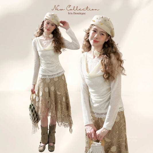 Draped Sheer Top & Lace Patch Skirt Set