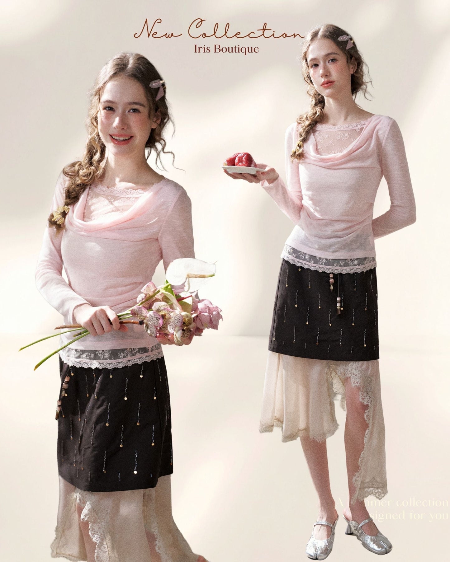 Layered Lace Top & Asymmetric Skirt Set – Pink