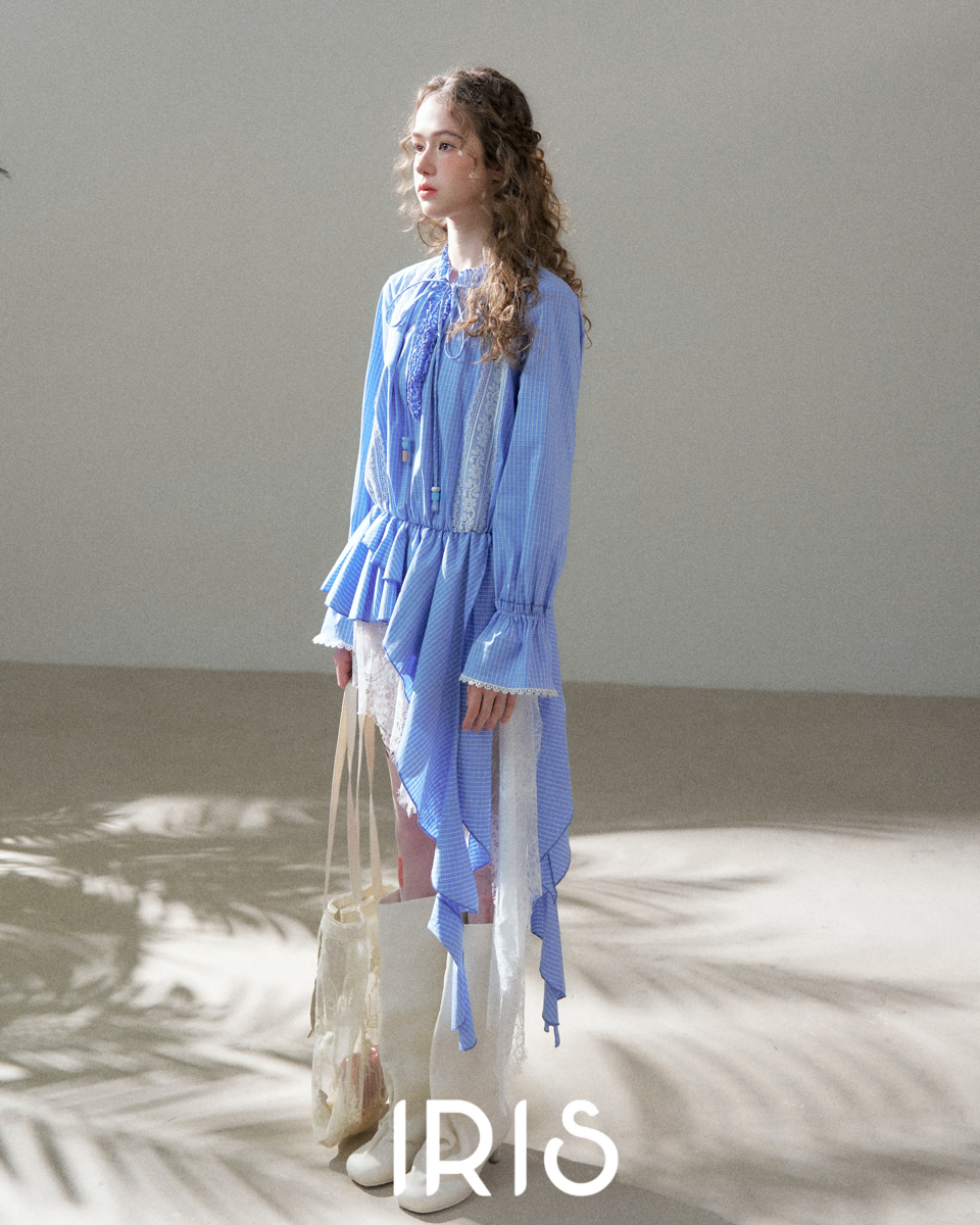 Soft Blue Asymmetric Ruffle Shirt Dress