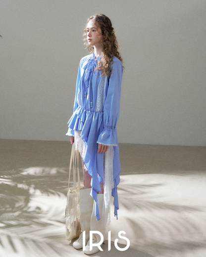 Soft Blue Asymmetric Ruffle Shirt Dress