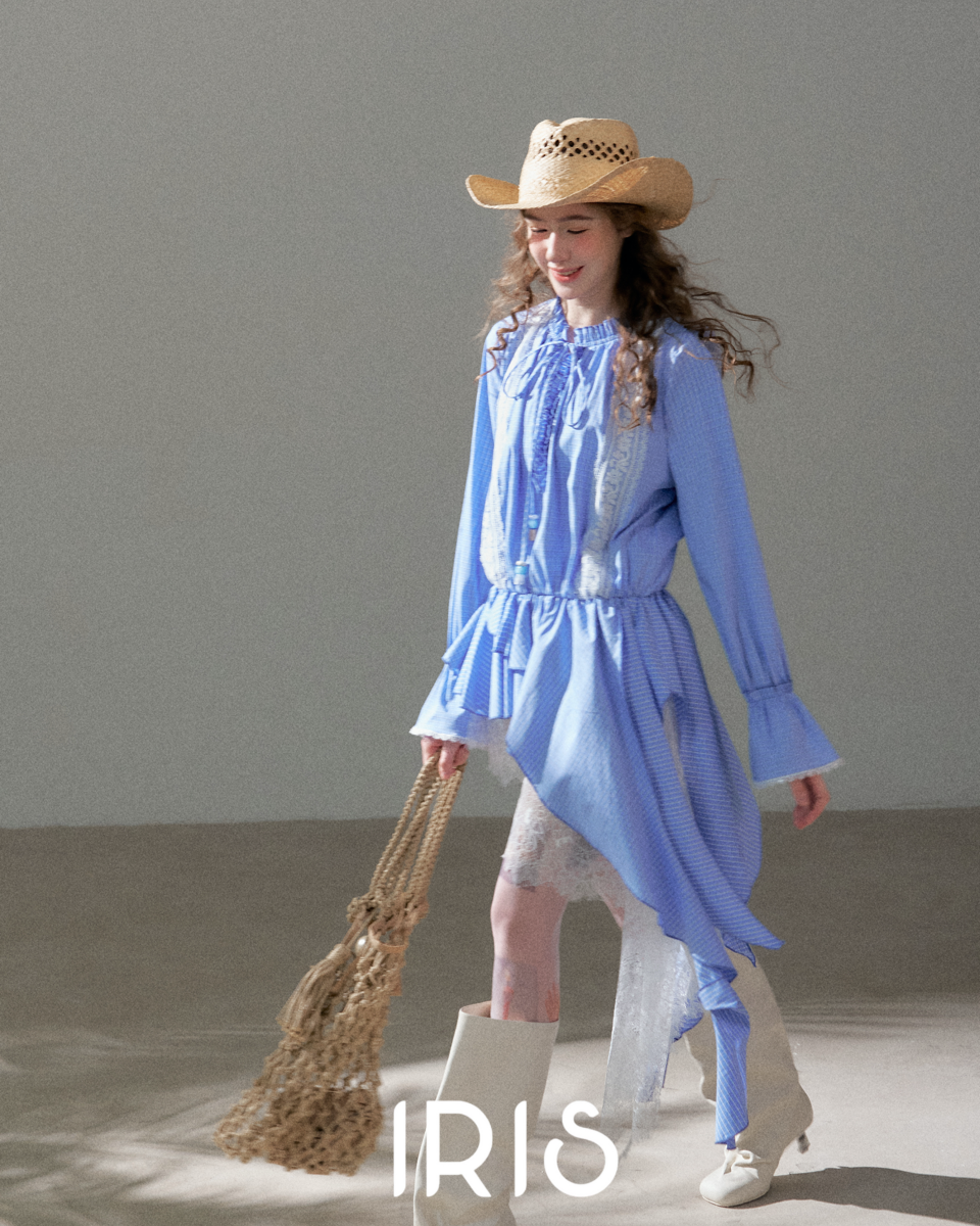 Soft Blue Asymmetric Ruffle Shirt Dress