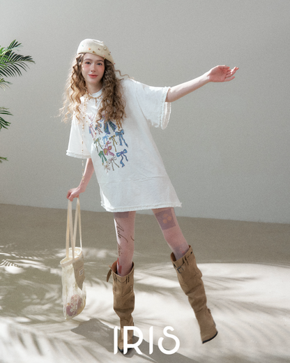 Ribbon Graffiti Oversized Tee - Arctic White, Heather Grey & Sky Blue