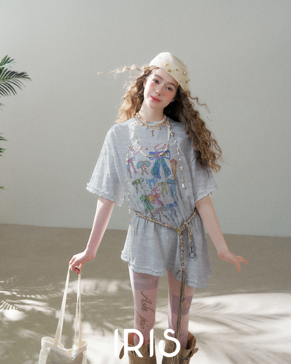 Ribbon Graffiti Oversized Tee - Arctic White, Heather Grey & Sky Blue