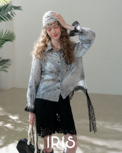 Vintage Bohemian Printed Shirt & Lace Embroidered Shorts Set