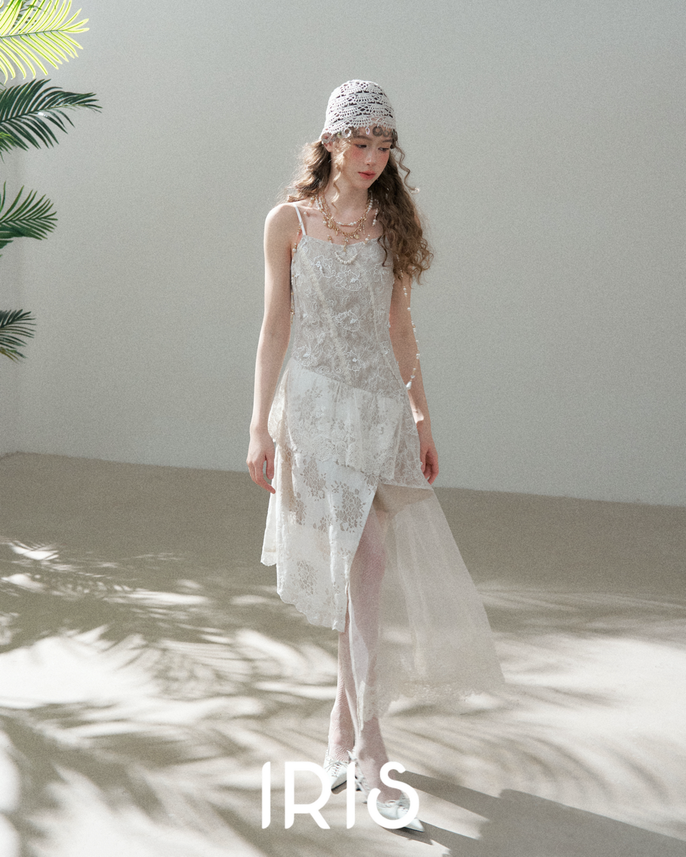 White Lace Spliced Asymmetric Dress