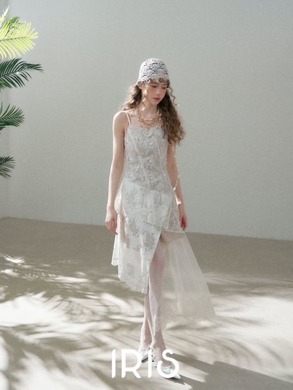 White Lace Spliced Asymmetric Dress