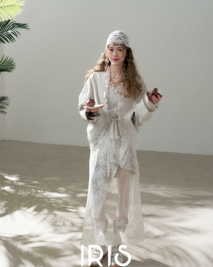 No.18 Dream “Unawakened Dawn” – Artisanal Lace Trim Shimmering Kimono Jacket