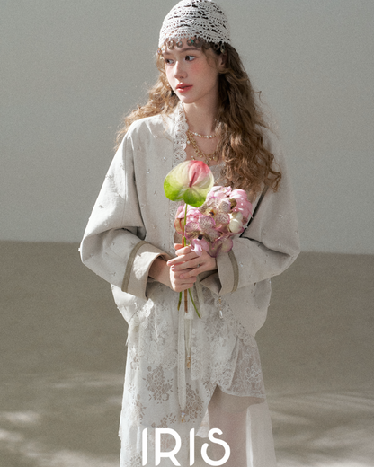 No.18 Dream “Unawakened Dawn” – Artisanal Lace Trim Shimmering Kimono Jacket