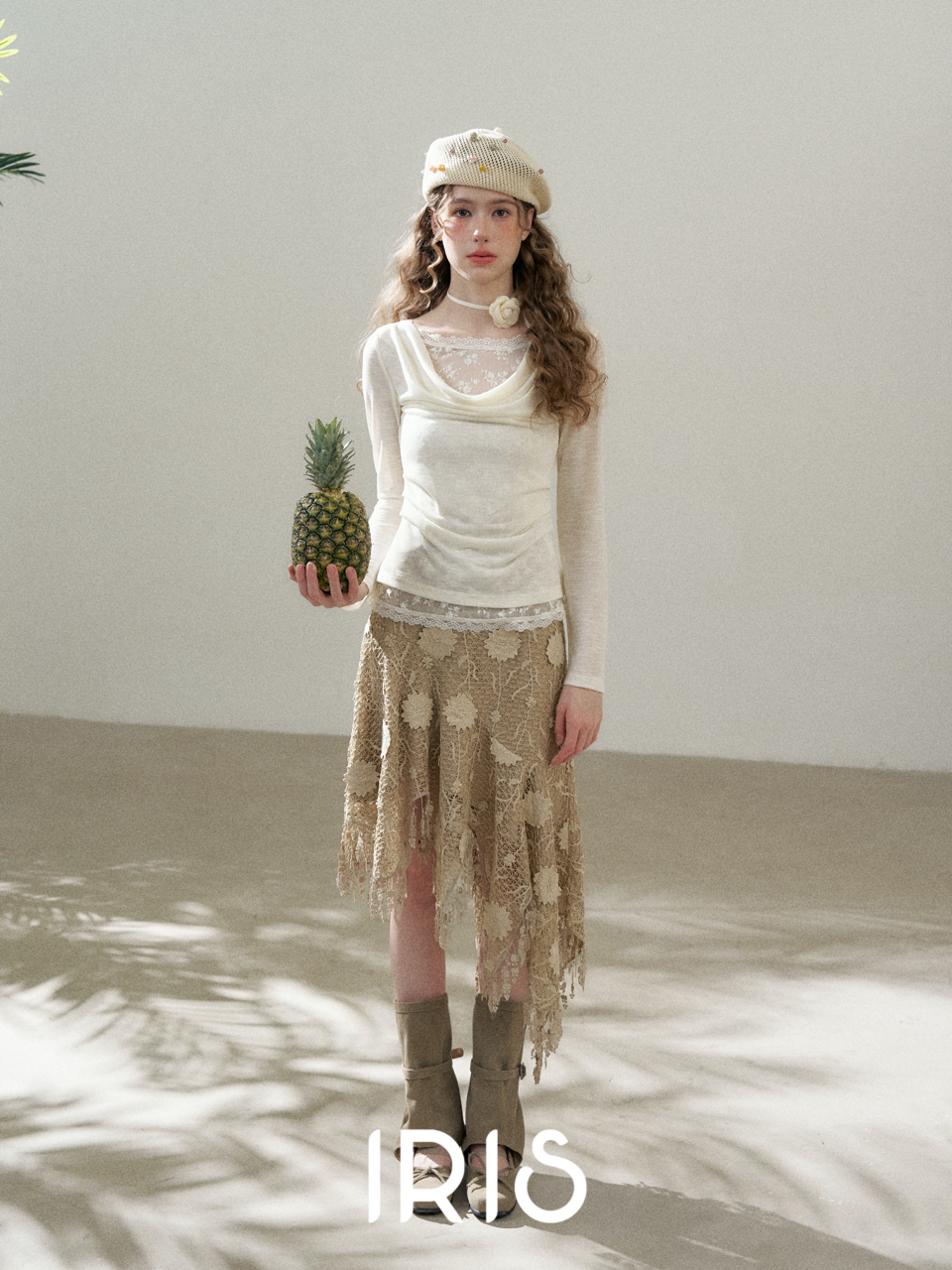 Draped Sheer Top & Lace Patch Skirt Set