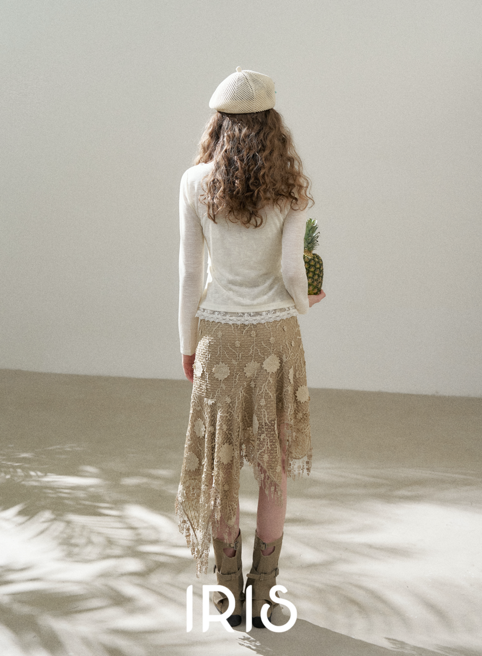 Draped Sheer Top & Lace Patch Skirt Set
