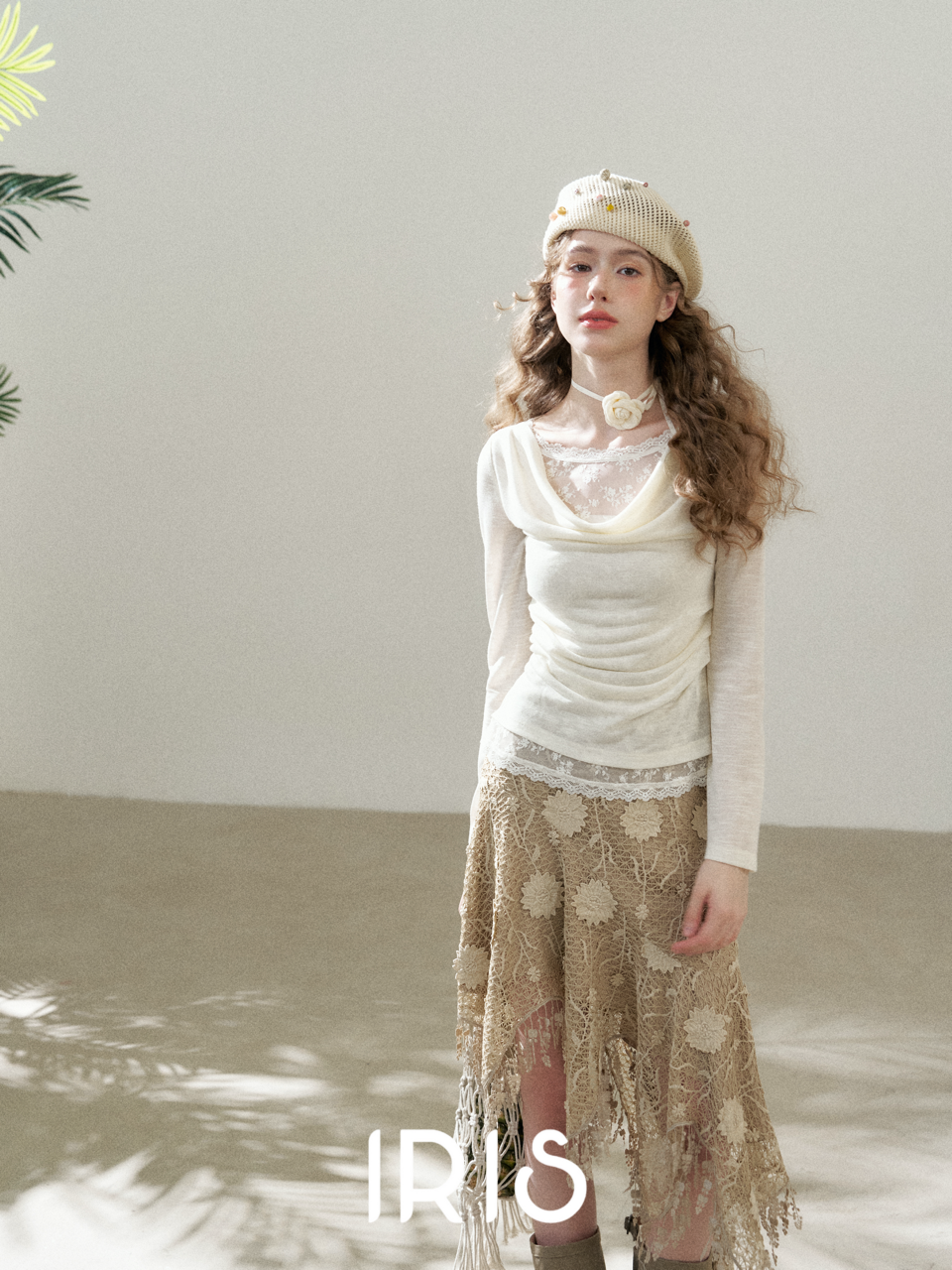 Draped Sheer Top & Lace Patch Skirt Set