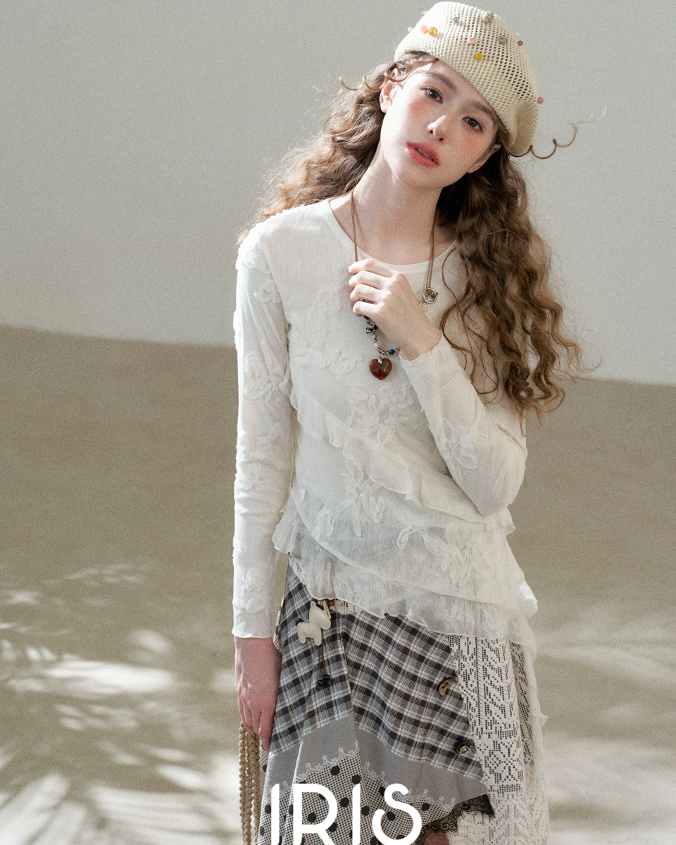 Embroidered Mesh Top & Patchwork Skirt Set