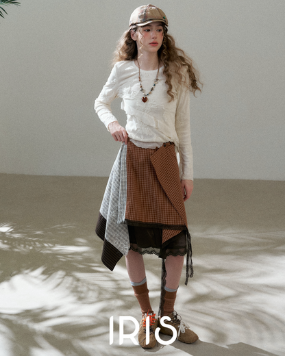 Brown Check Lace Spliced Skirt