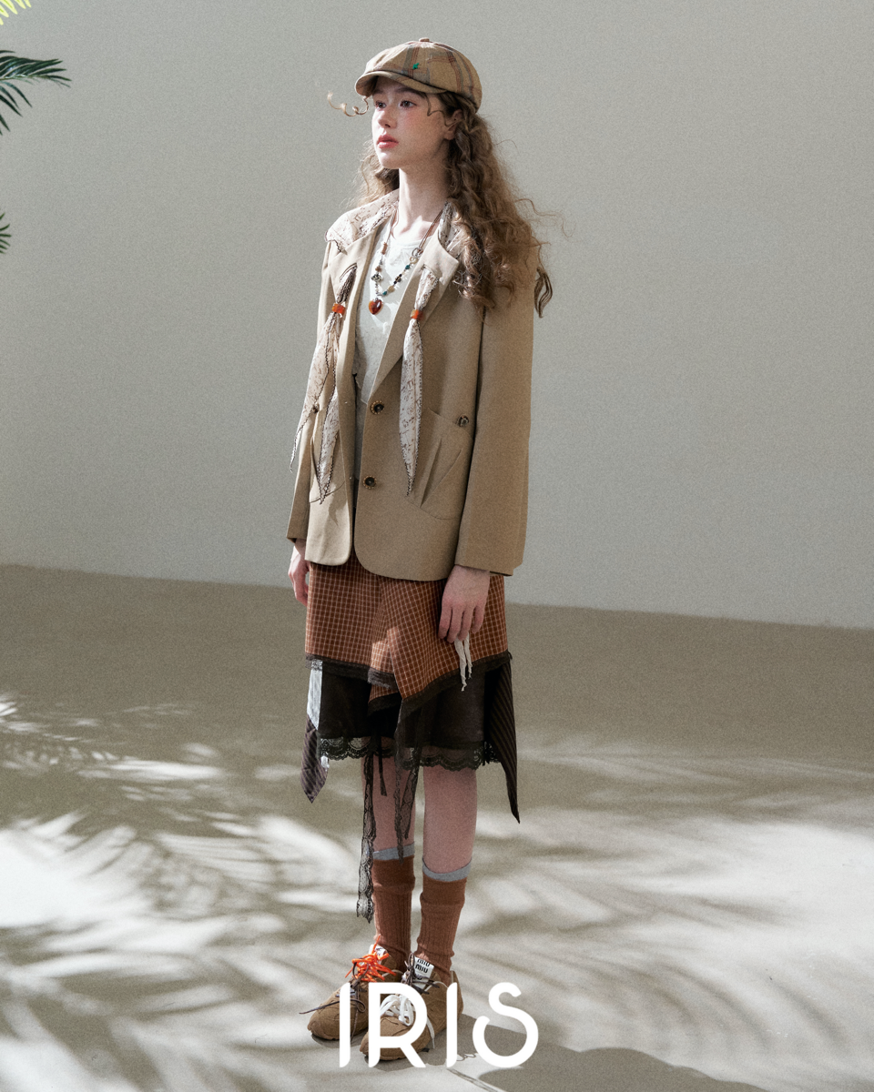 Brown Check Lace Spliced Skirt
