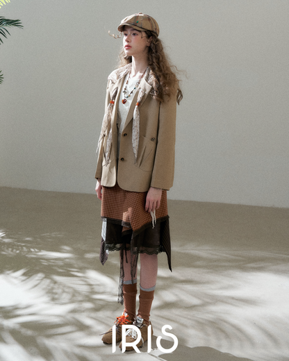 Brown Check Lace Spliced Skirt
