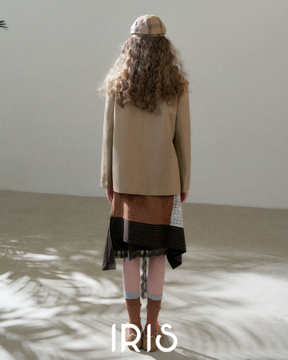 Brown Check Lace Spliced Skirt