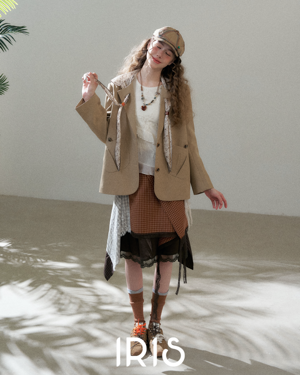 Brown Check Lace Spliced Skirt