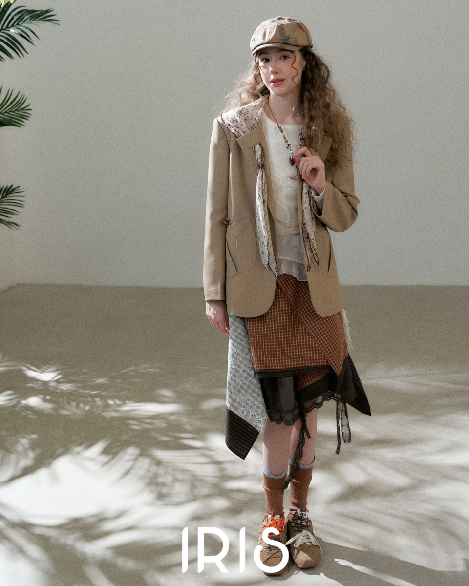 Brown Check Lace Spliced Skirt