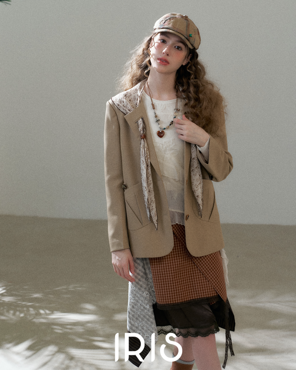 Brown Check Lace Spliced Skirt