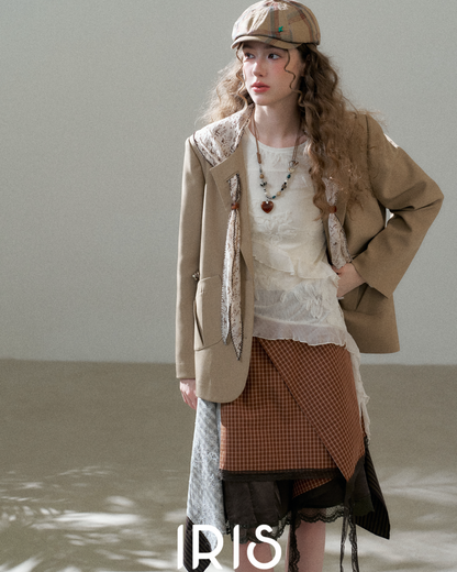 Brown Check Lace Spliced Skirt