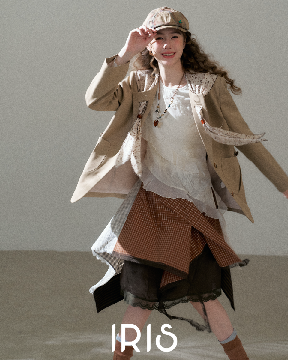 Brown Check Lace Spliced Skirt