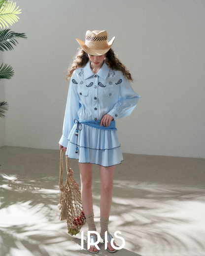 Embroidered Waist Tie Shirt Dress – Sky Blue