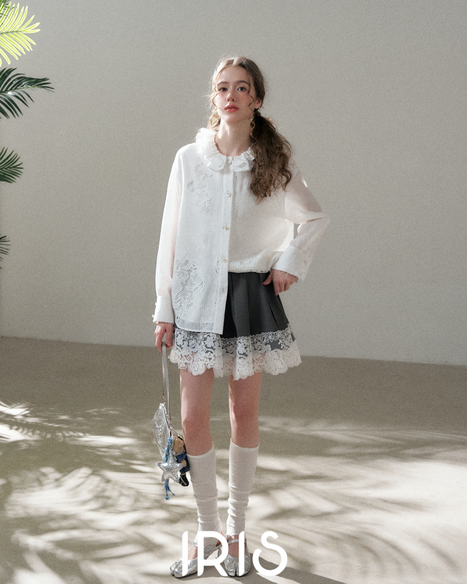 Sweet Lace Detail Shirt Skirt Set