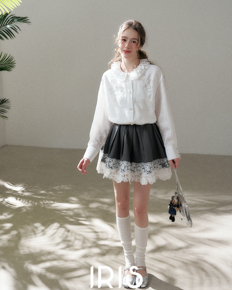 Sweet Lace Detail Shirt Skirt Set