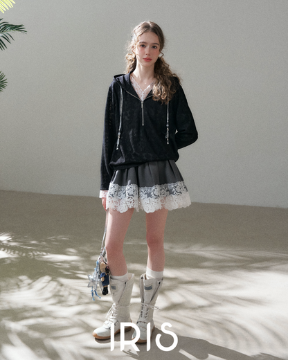 Lace Trim Hood Zip Jacket – Black