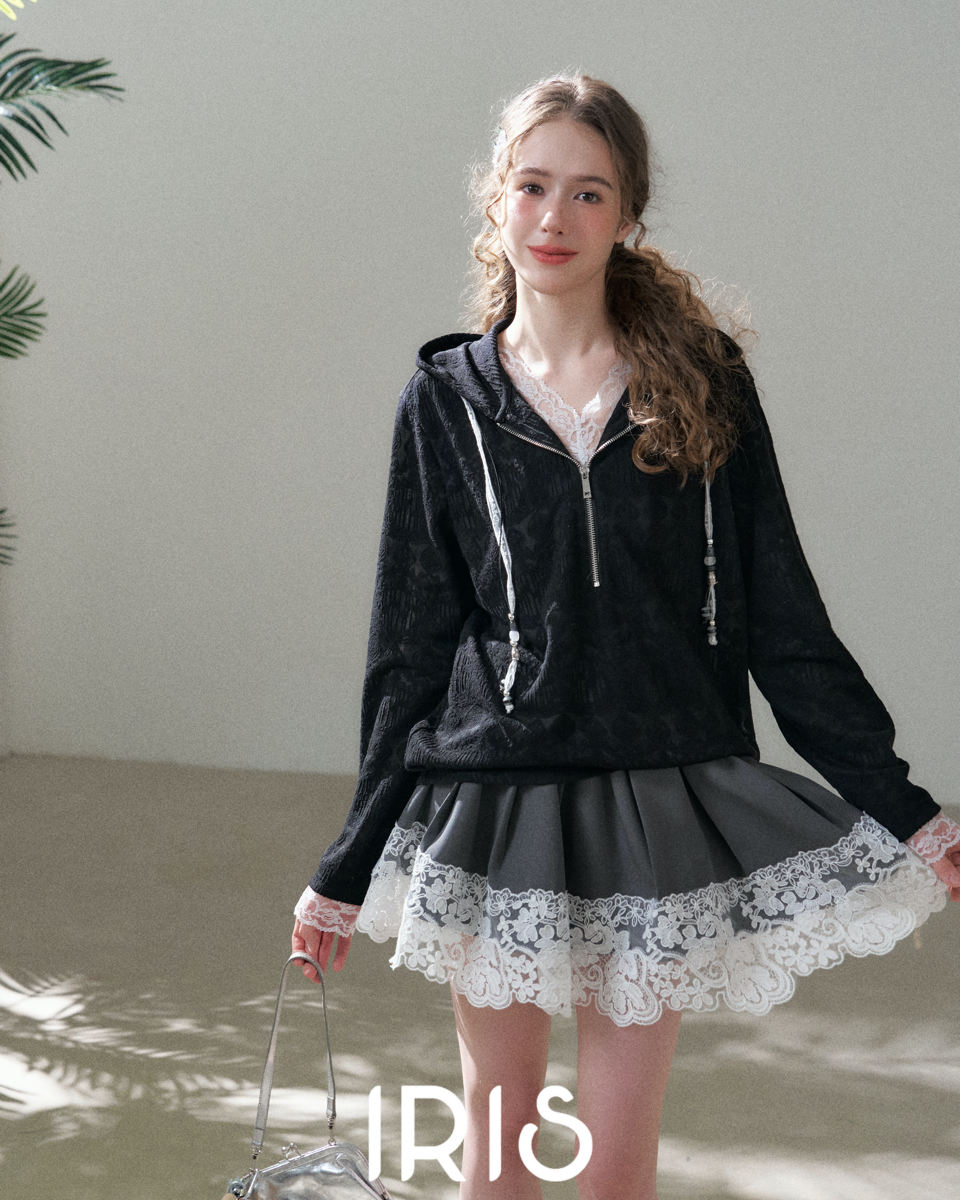 Lace Trim Hood Zip Jacket – Black