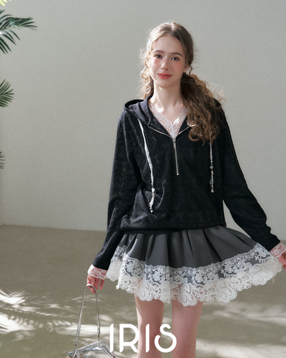 Lace Trim Hood Zip Jacket – Black