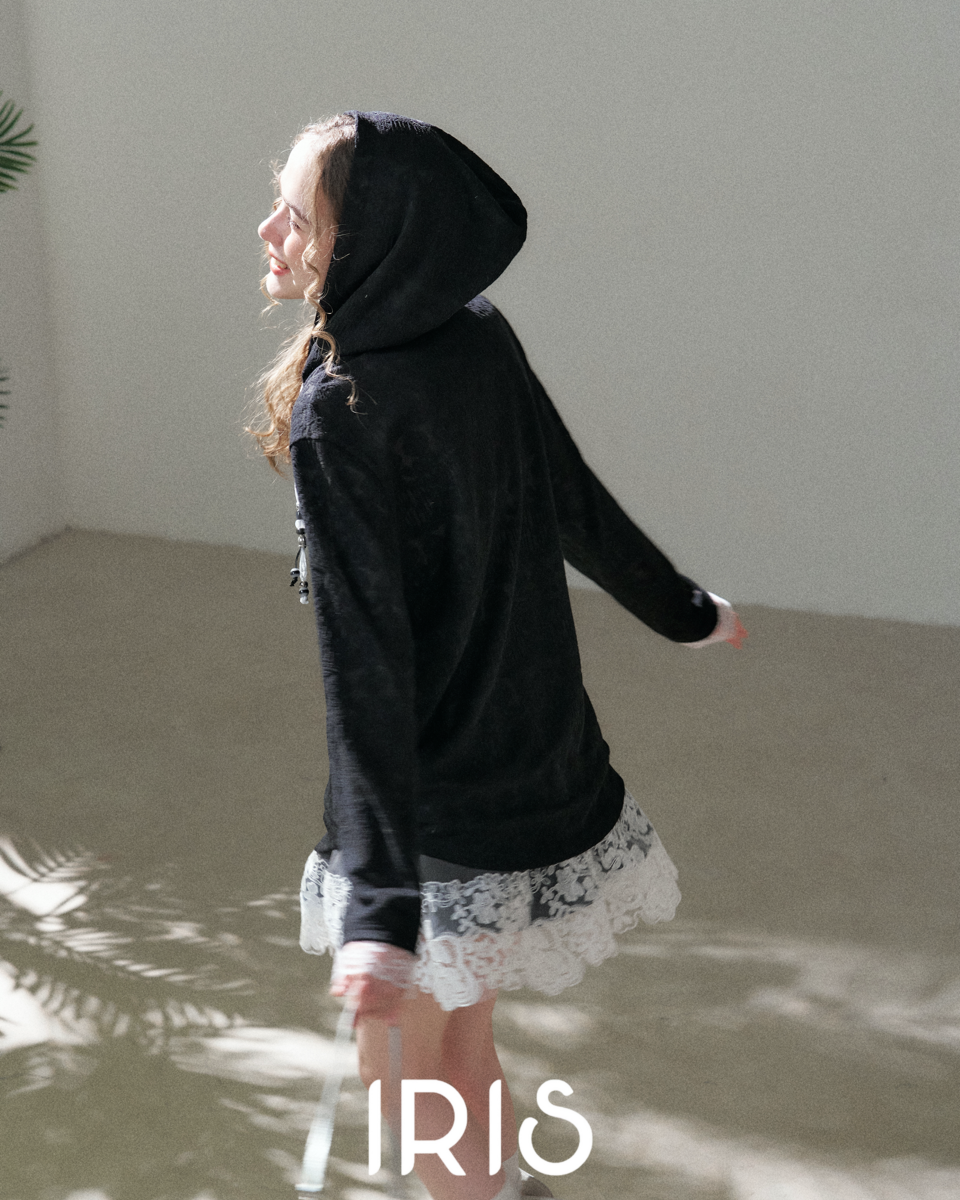 Lace Trim Hood Zip Jacket – Black