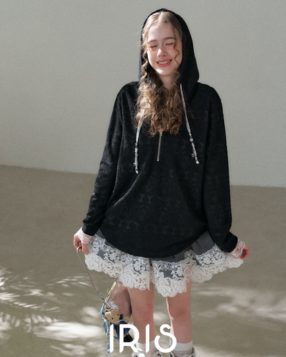 Lace Trim Hood Zip Jacket – Black