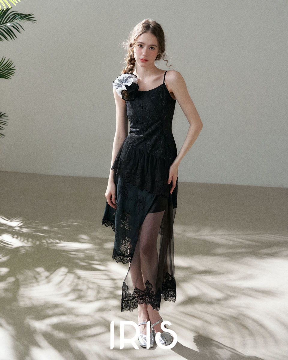 Black Lace Spliced Asymmetric Dress