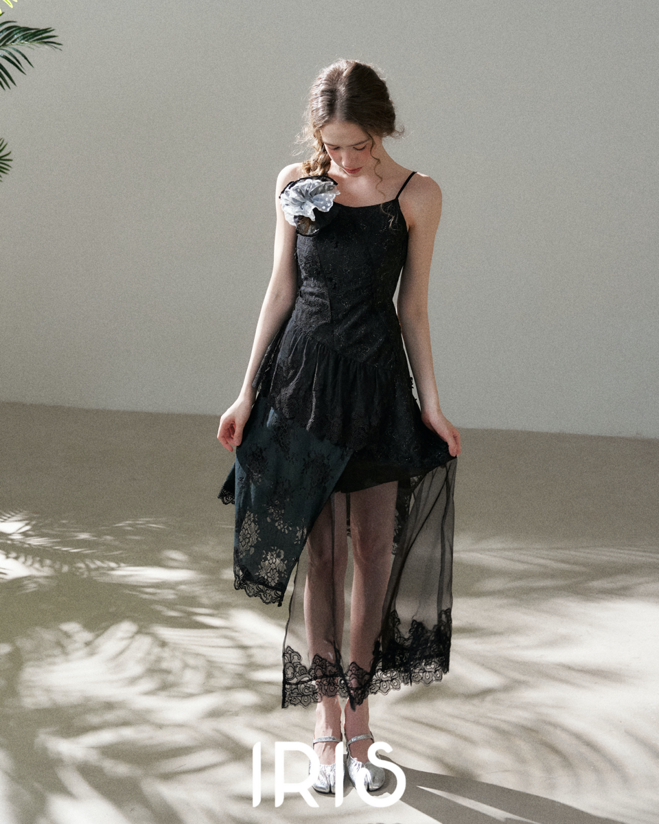 Black Lace Spliced Asymmetric Dress