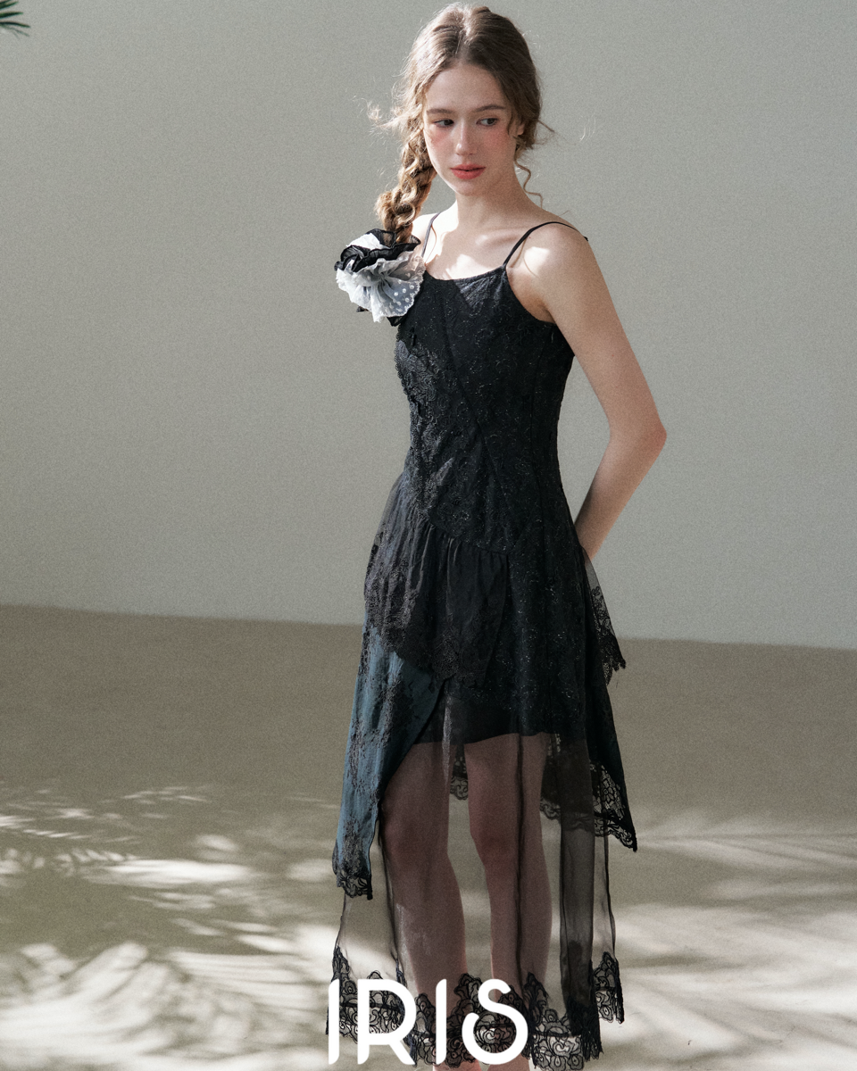 Black Lace Spliced Asymmetric Dress