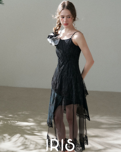 Black Lace Spliced Asymmetric Dress