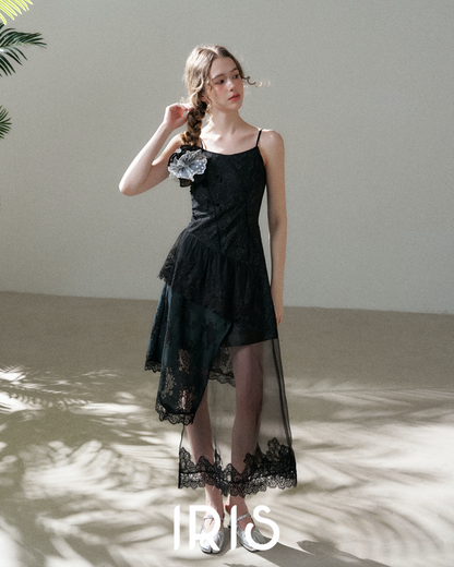 Black Lace Spliced Asymmetric Dress