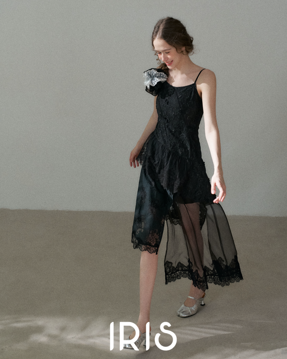 Black Lace Spliced Asymmetric Dress